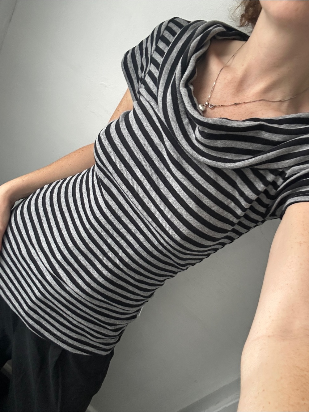 Striped Off-Shoulder Cotton Top - Black and Gray